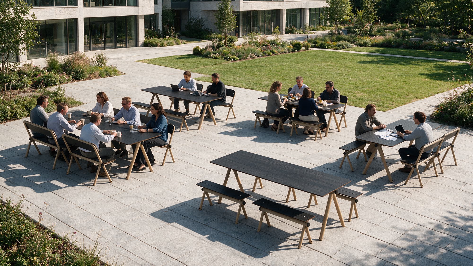 Terrasse extérieures en zones tertiaires avec tables et bancs de la collection Kito d'Aubrilam