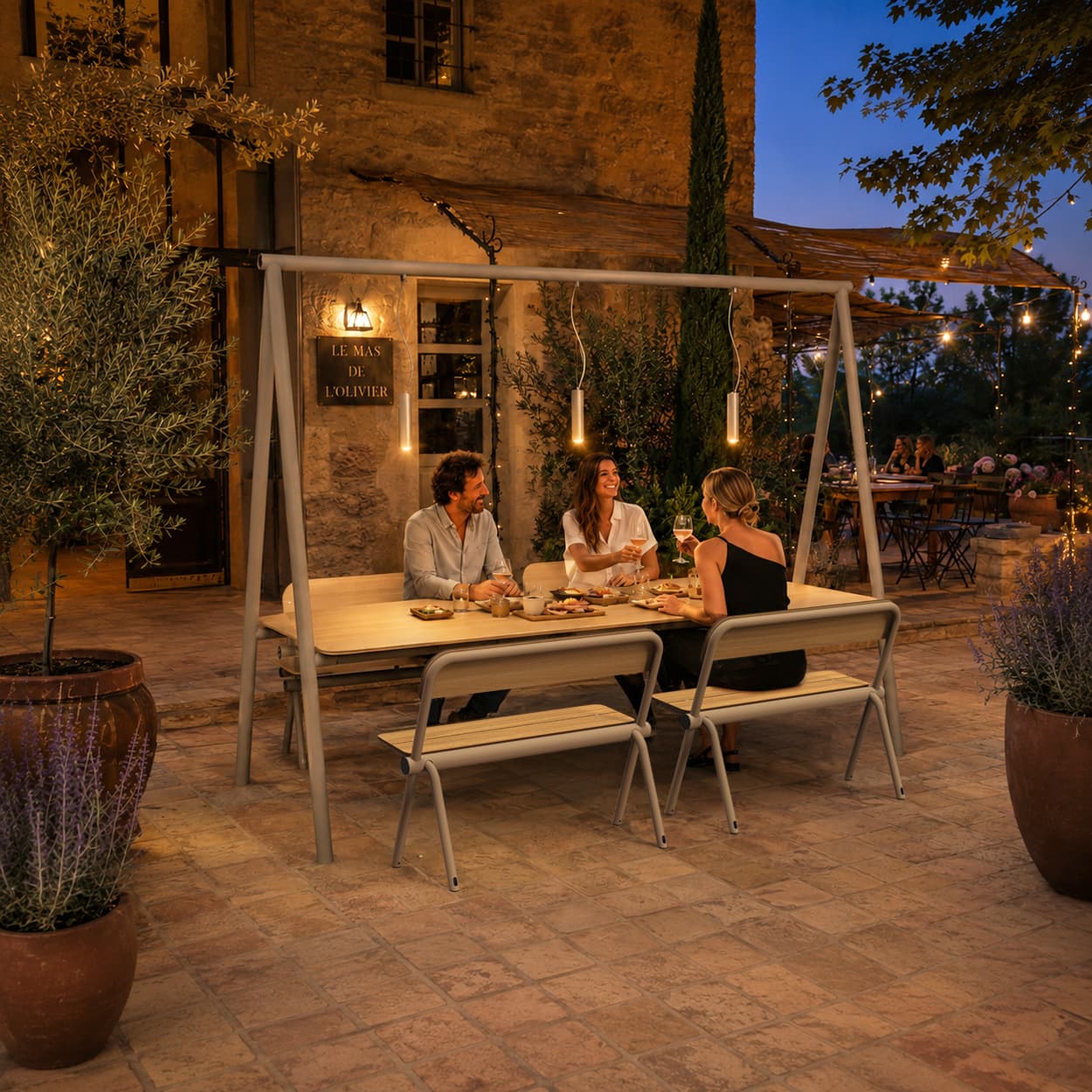 Outdoor patio with a table and a lighting pole, from Aubrilam's Kito line