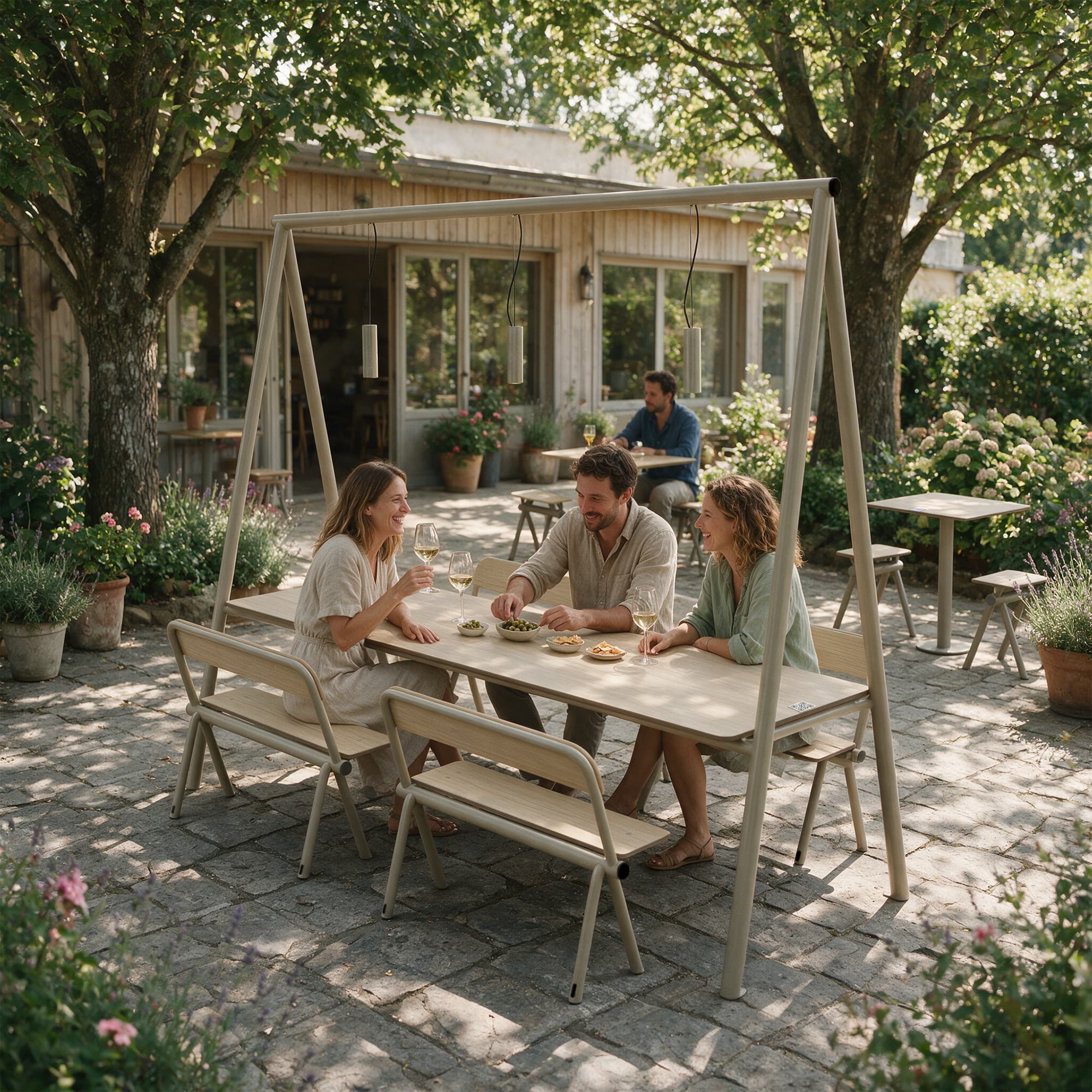 Outdoor patio with a family-sized table and a lighting pole, from Aubrilam's Kito line