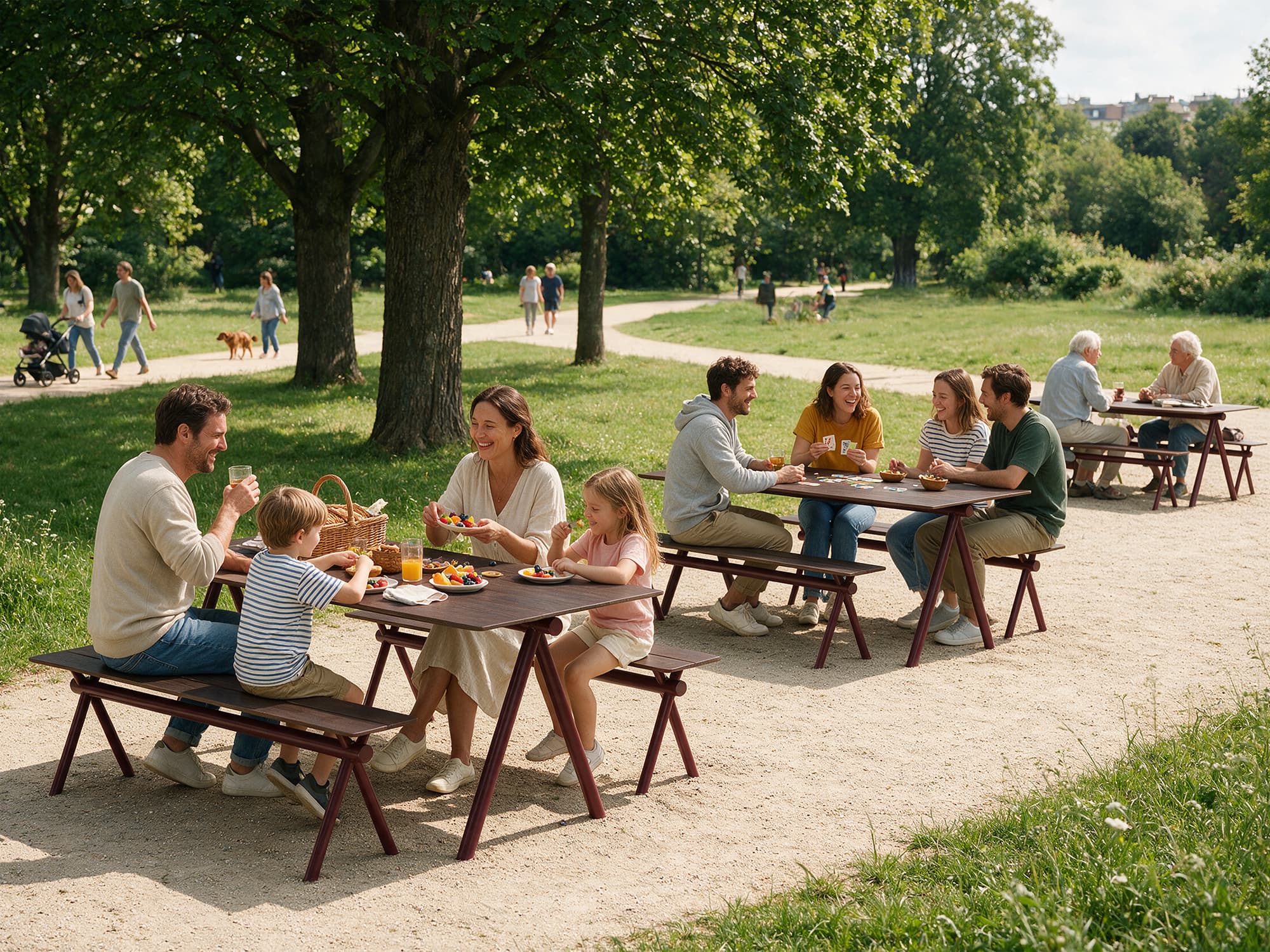 Dining area in a park featuring table and bench sets from Aubrilam's Kito collection
