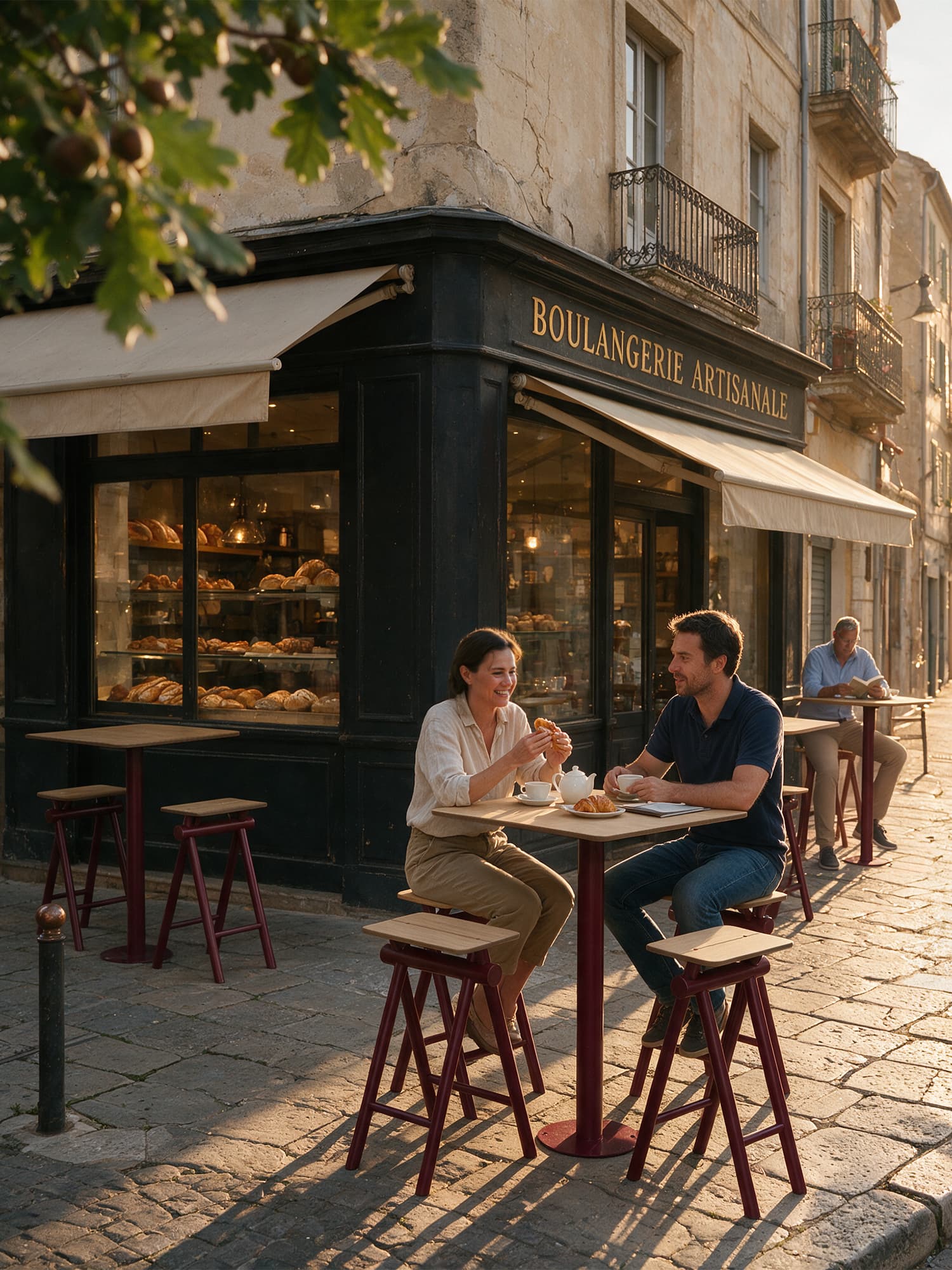 A small bakery patio in town with high tables and stools.