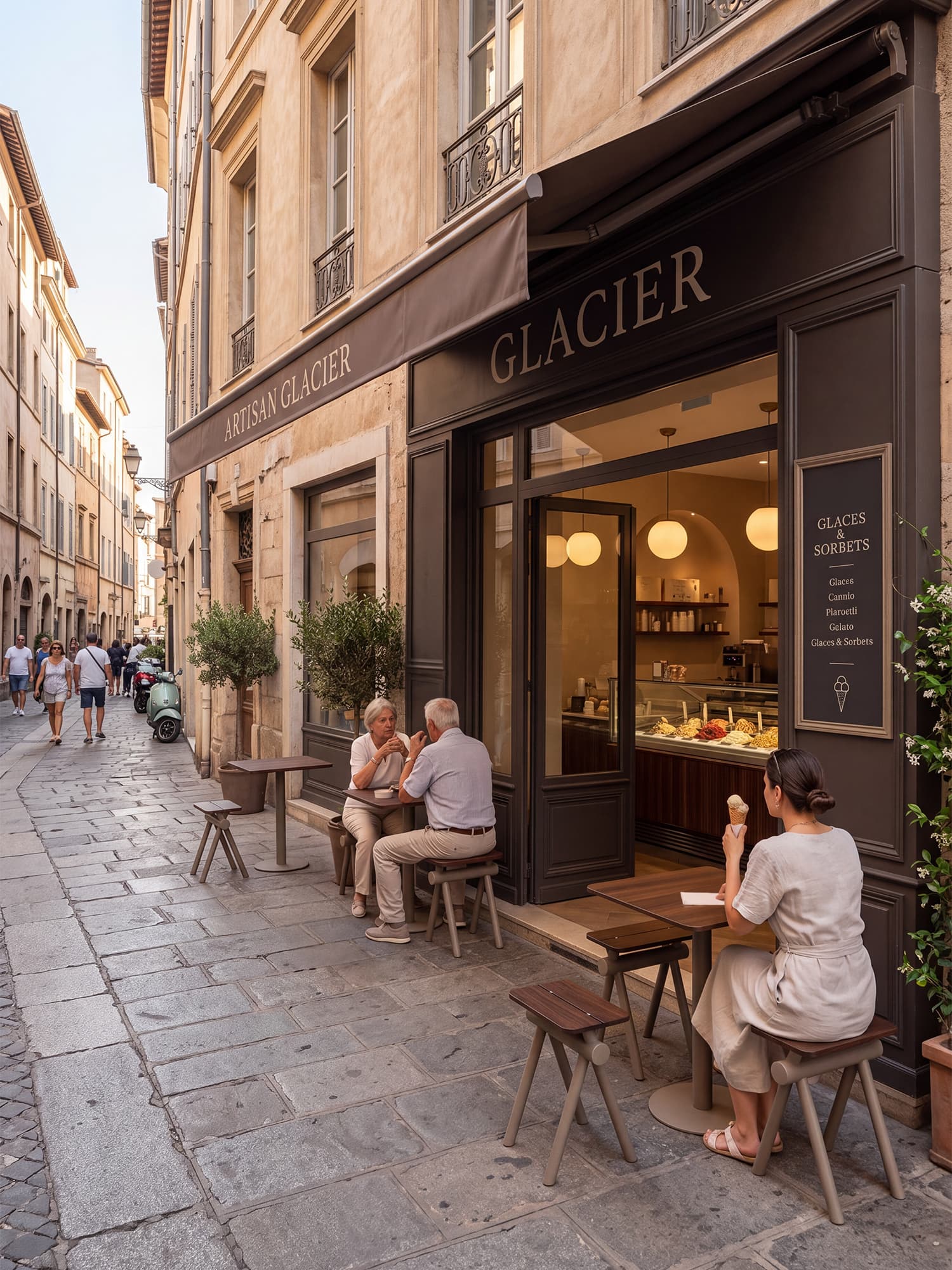 Outdoor furniture from Aubrilam's Kito and Access lines, including square tables and stools for café terraces, ice cream shops, and more.