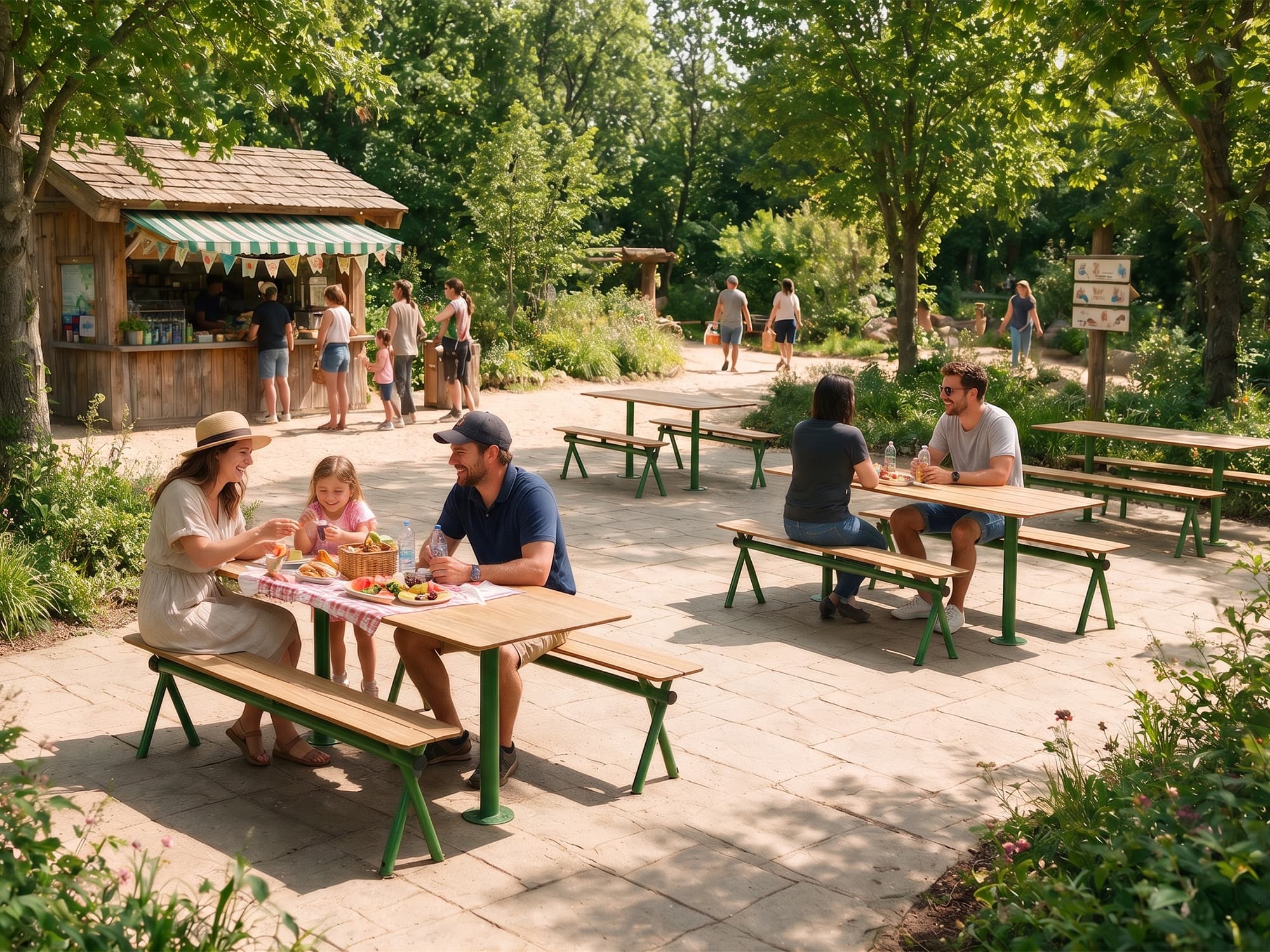 Ensemble de tables et bancs des gammes Access et Kito d'Aubrilam équipant des terrasses extérieures de restaurant, de camping, de parcs etc.