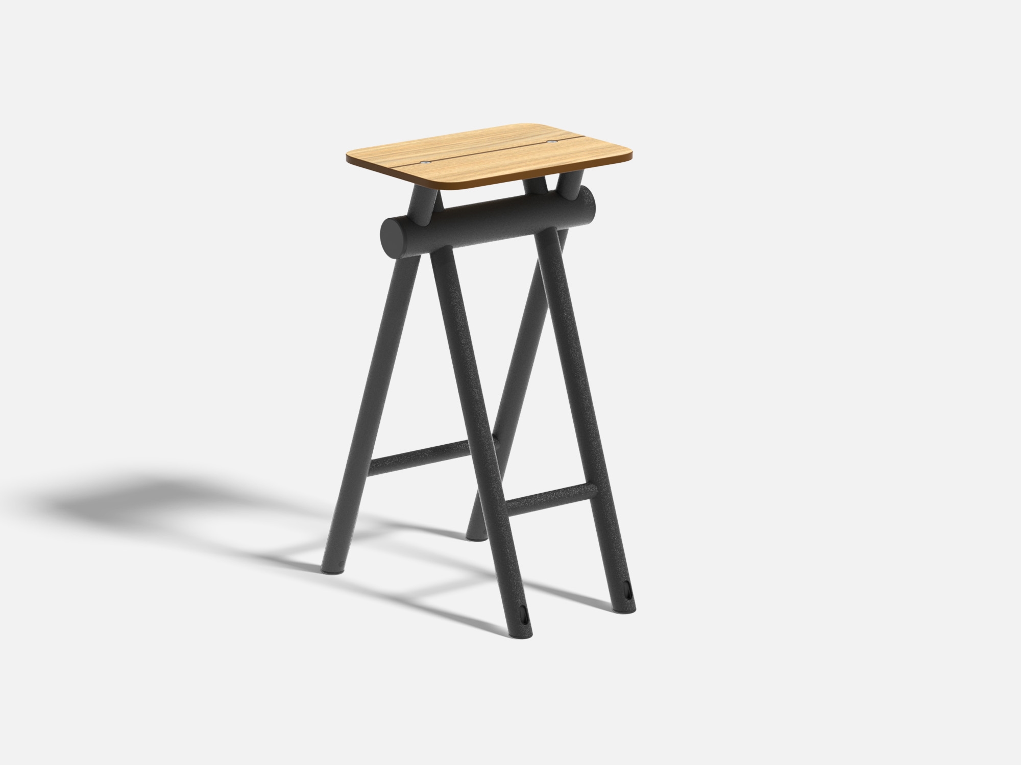Tabouret pour table haute en stratifié décors bois et métal destinée aux terrasses extérieures