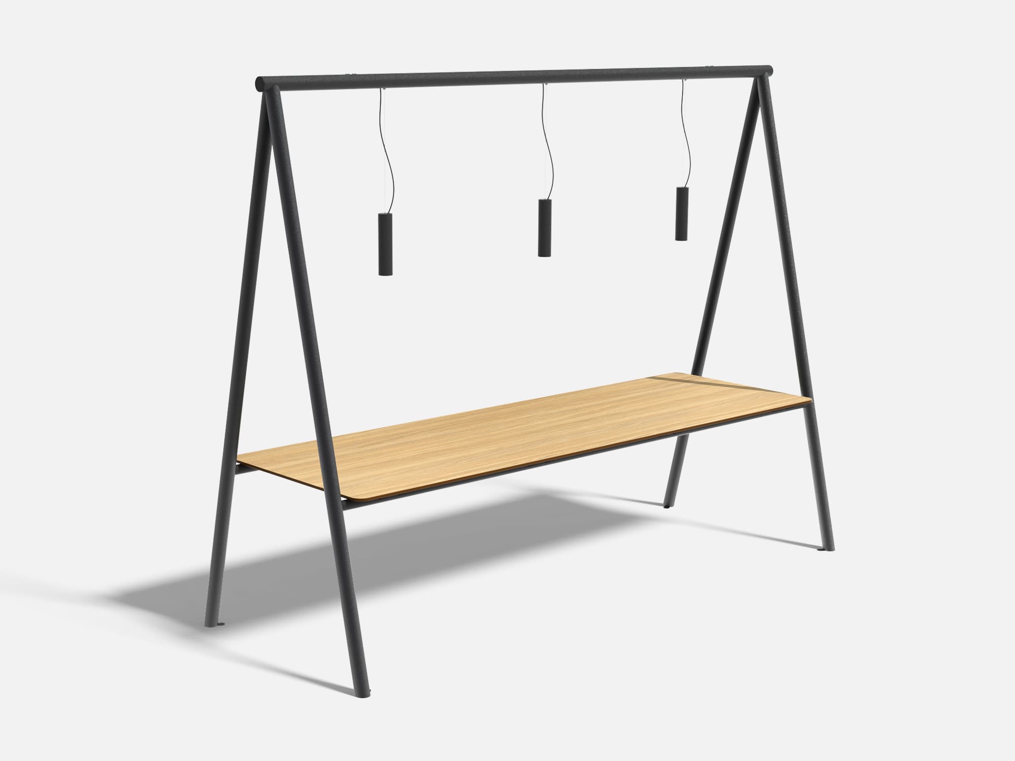 Family dining table for 8 people with a frame for hanging lights, made of compact laminate with wood and metal finishes.