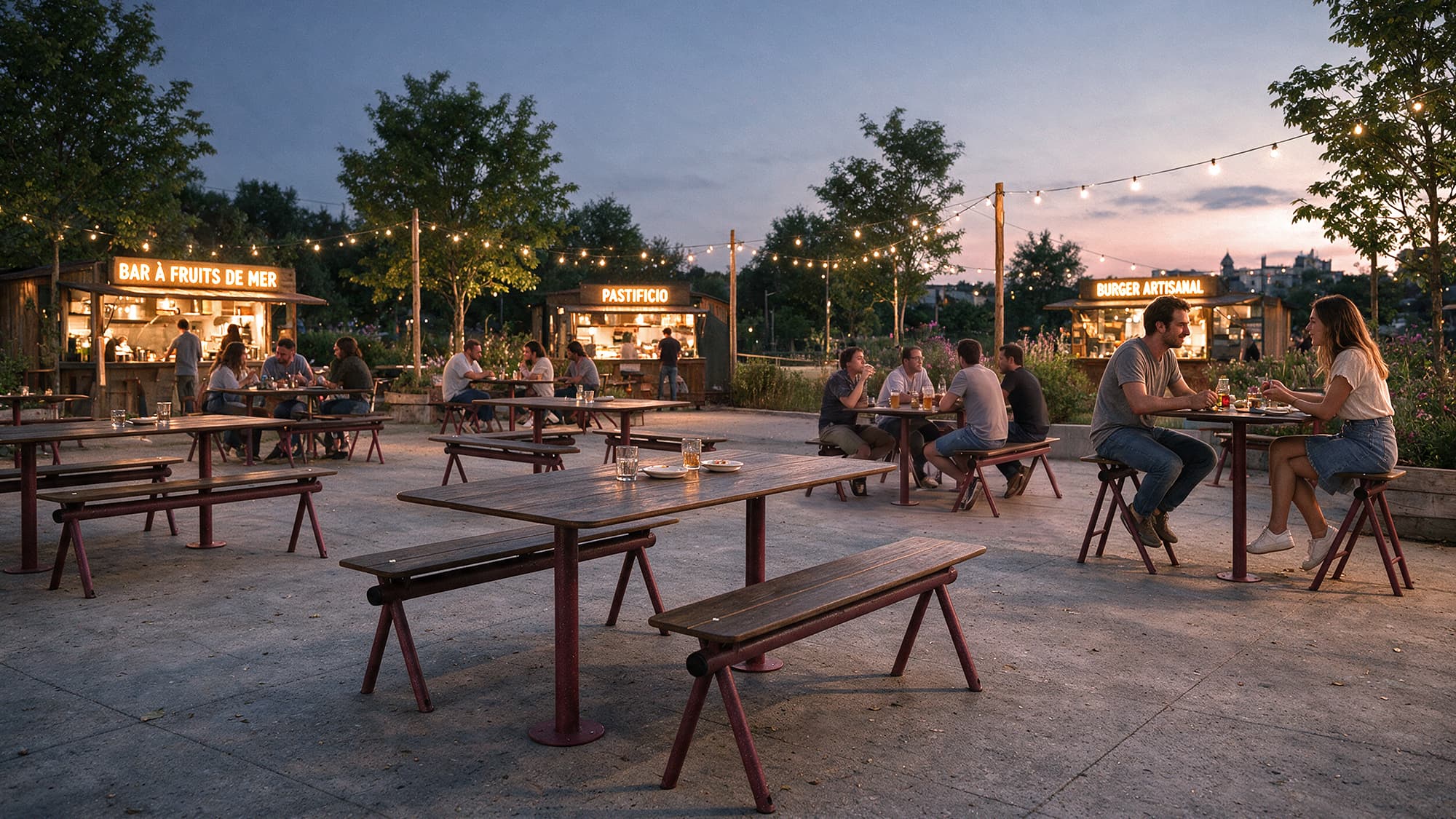 Ensemble de tables et bancs des gammes Access et Kito d'Aubrilam équipant des terrasses extérieures de restaurant