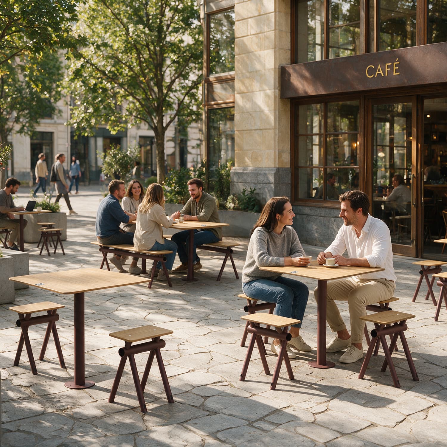 Terrasse de café en ville équipée de table et assises Kito d'Aubrilam