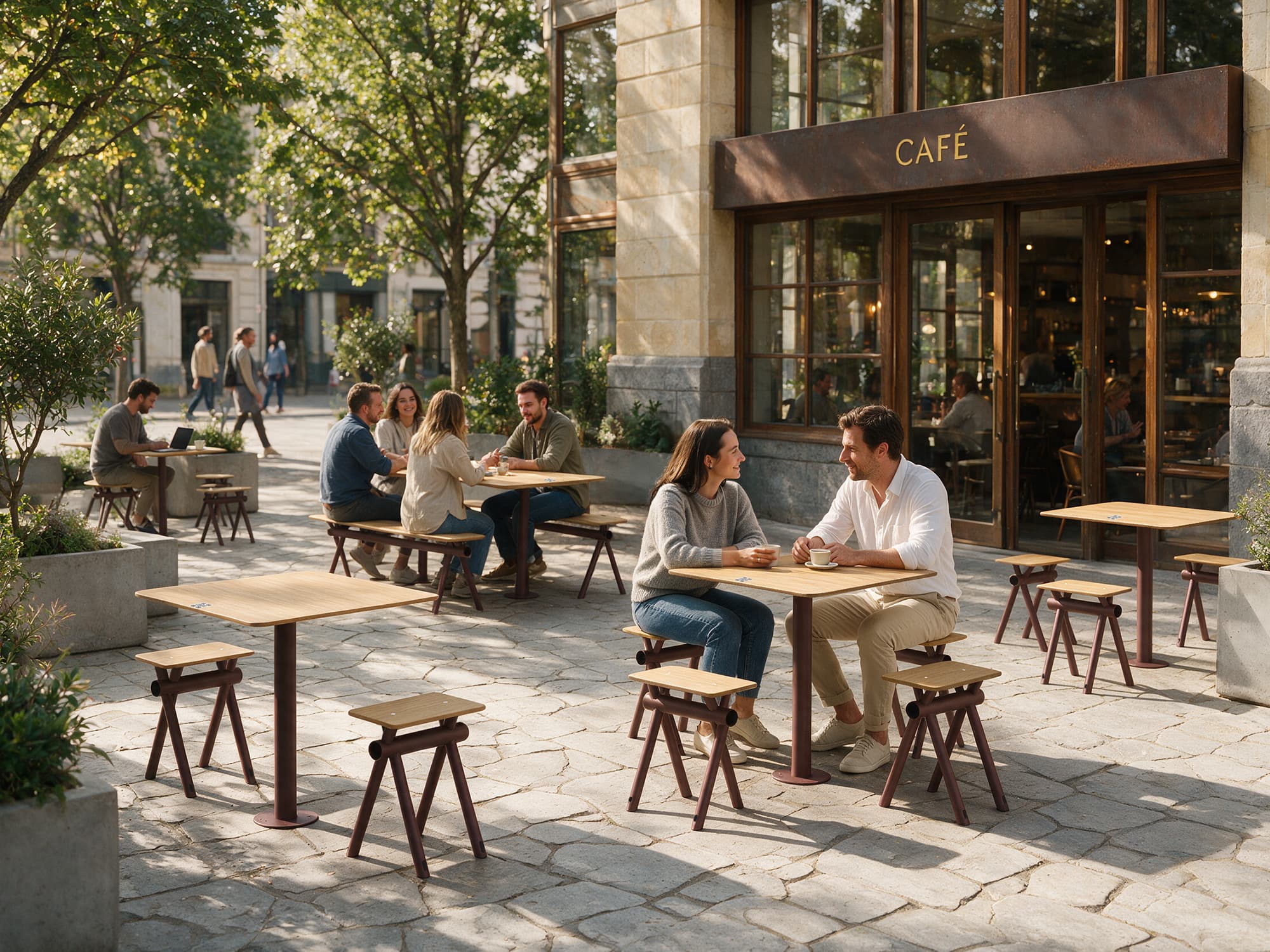 Outdoor furniture from Aubrilam's Kito and Access lines, including square tables and stools for café terraces, ice cream shops, and more.