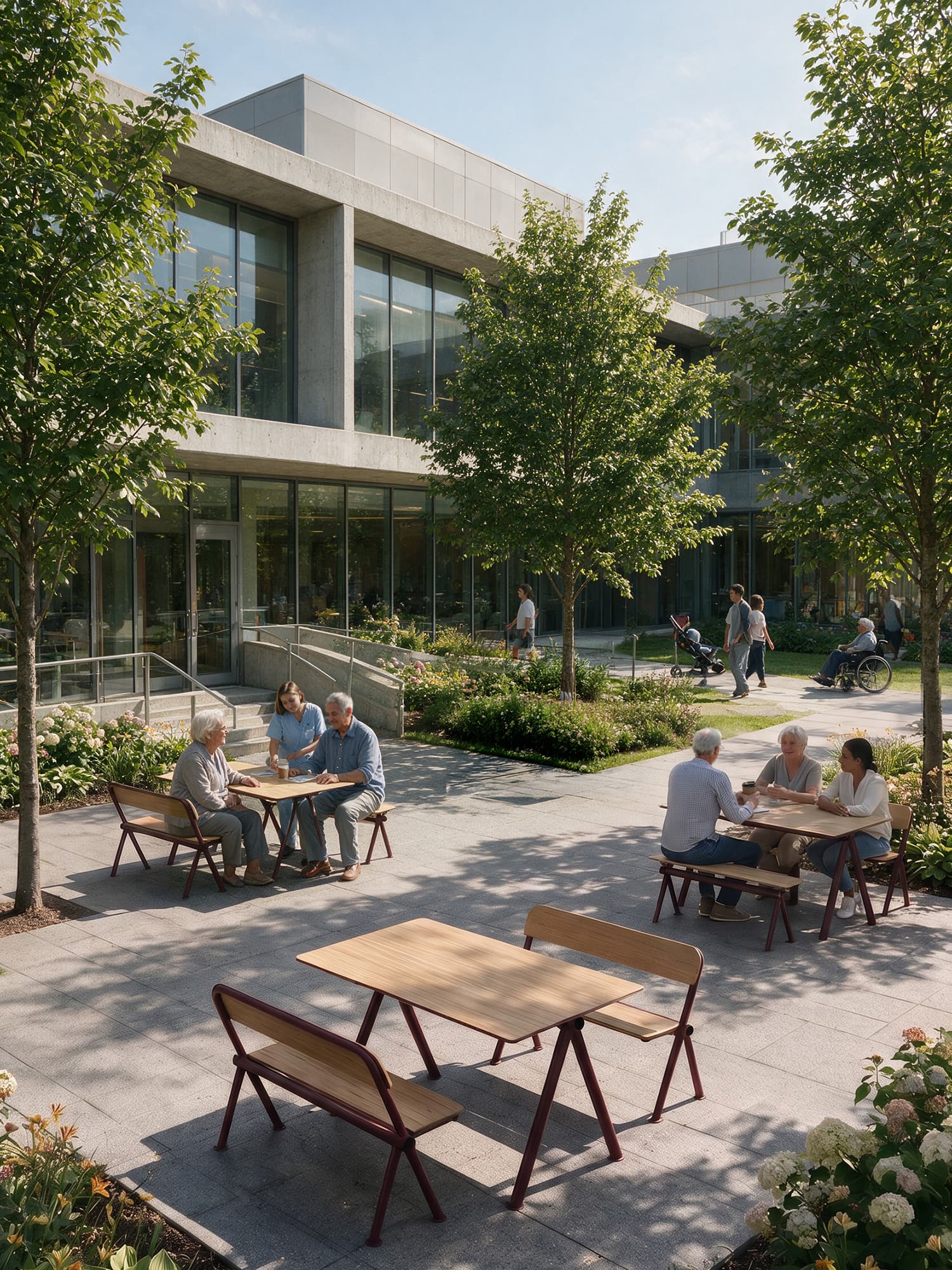 Outdoor patios in commercial areas featuring tables and benches from Aubrilam's Kito collection