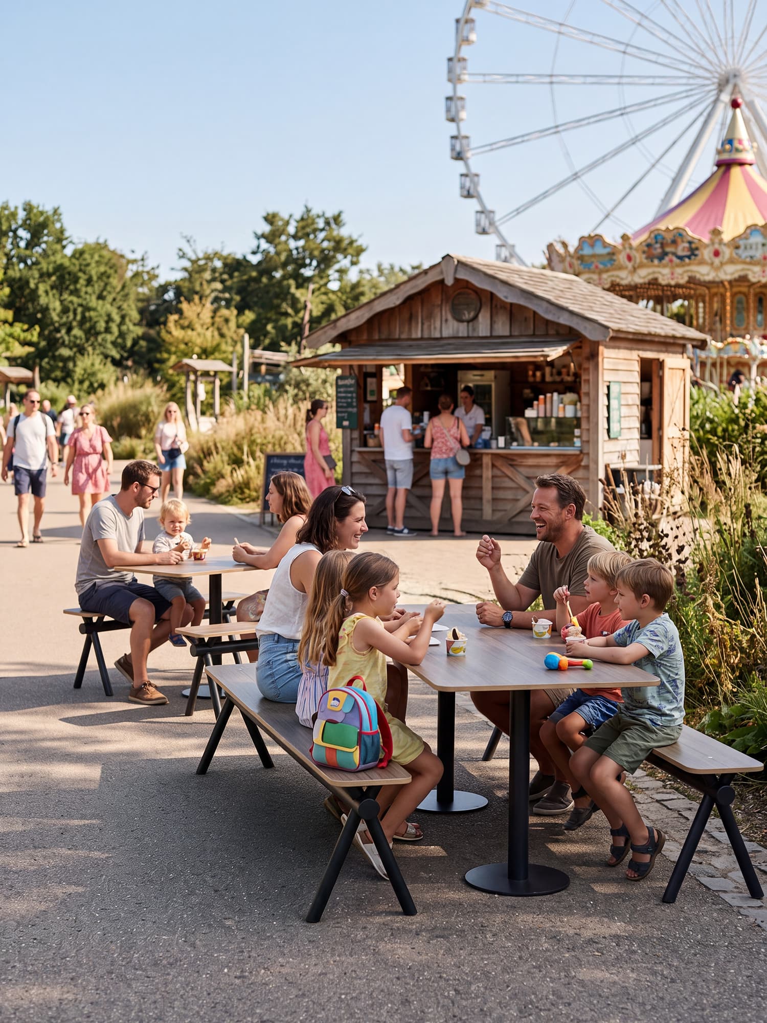 Dining area in a recreational park featuring a Kito table and bench by Aubrilam