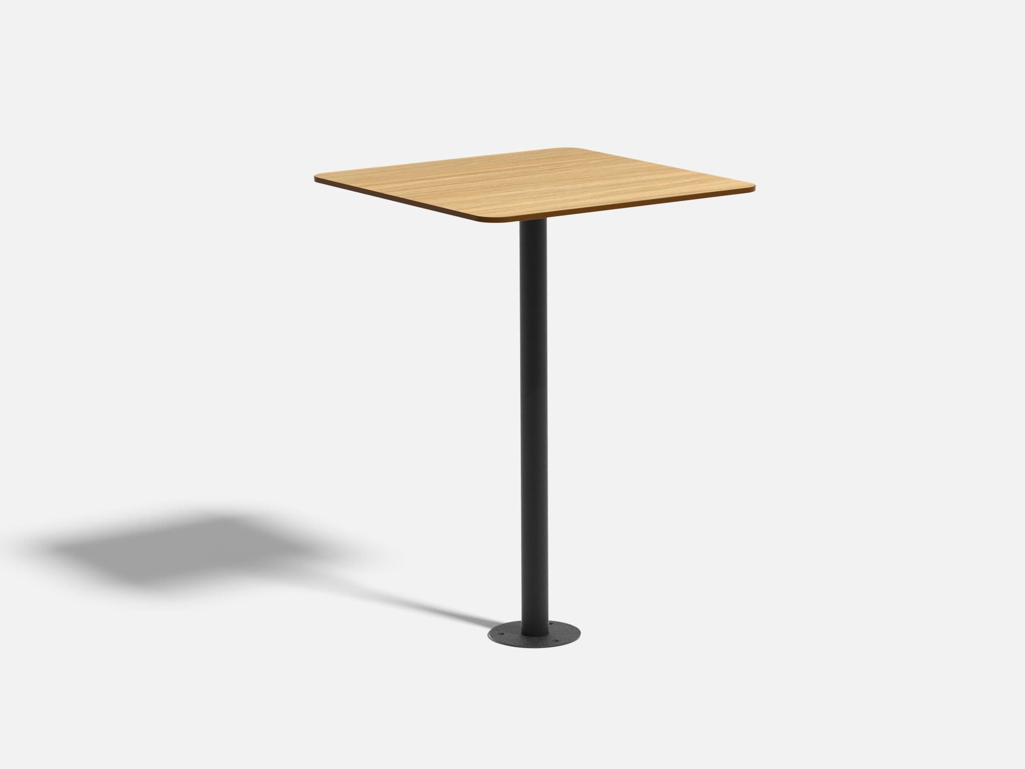 Table haute destinée aux terrasses extérieures avec un plateau en stratifié décors bois